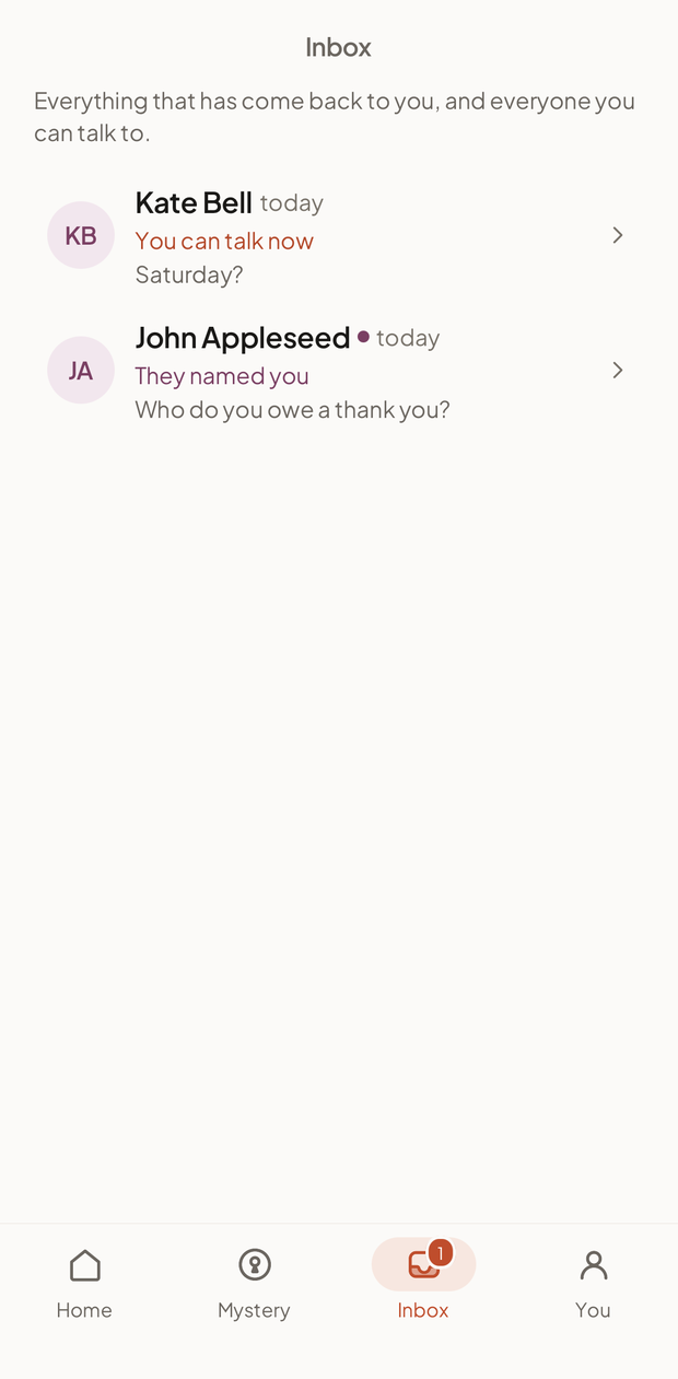 The Whimzi inbox, listing what has come back to you.