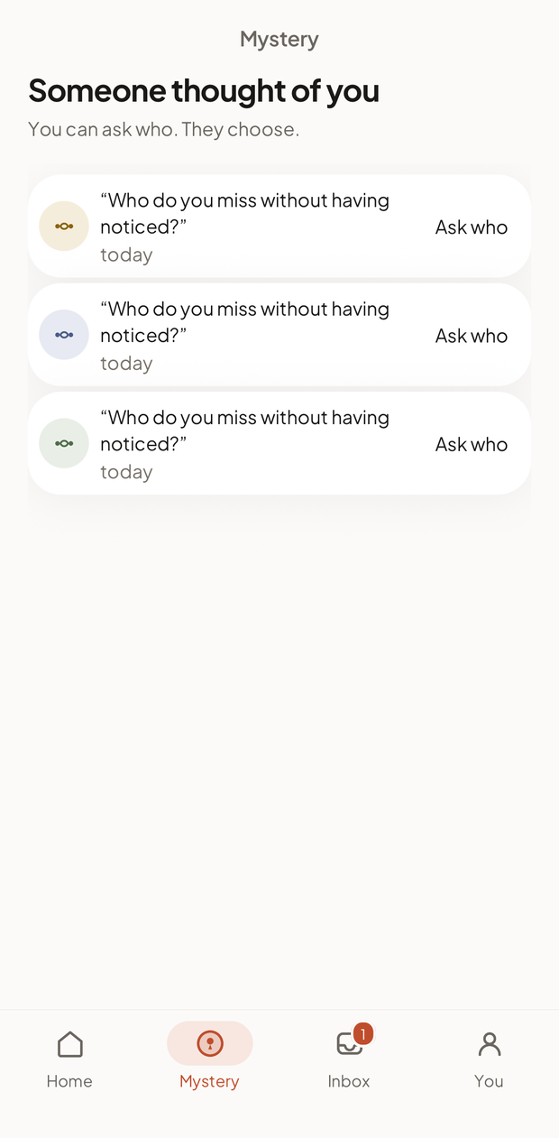 The Mystery tab, showing waiting mutual answers and anonymous answers that are safe to show.